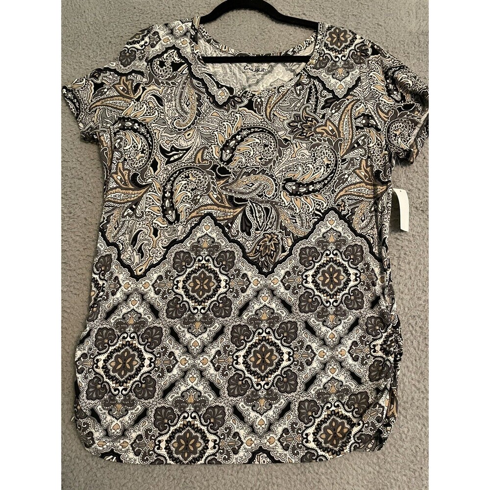 Simply Emma Plus Womens 1X Paisley Brown Black Blouse Ruching NWT